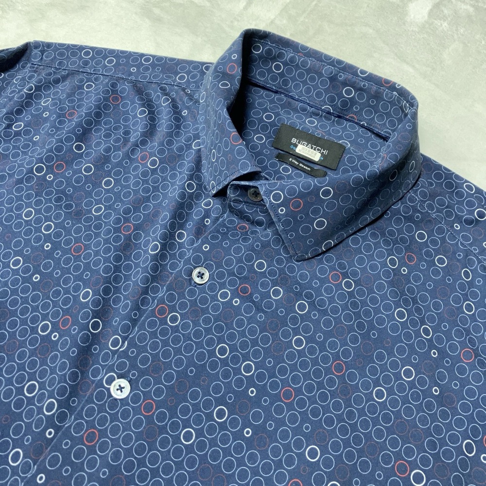 Bugatchi Shirt Mens 2XL Classic Blue OoohCotton Tech 8 Way Stretch Geometric